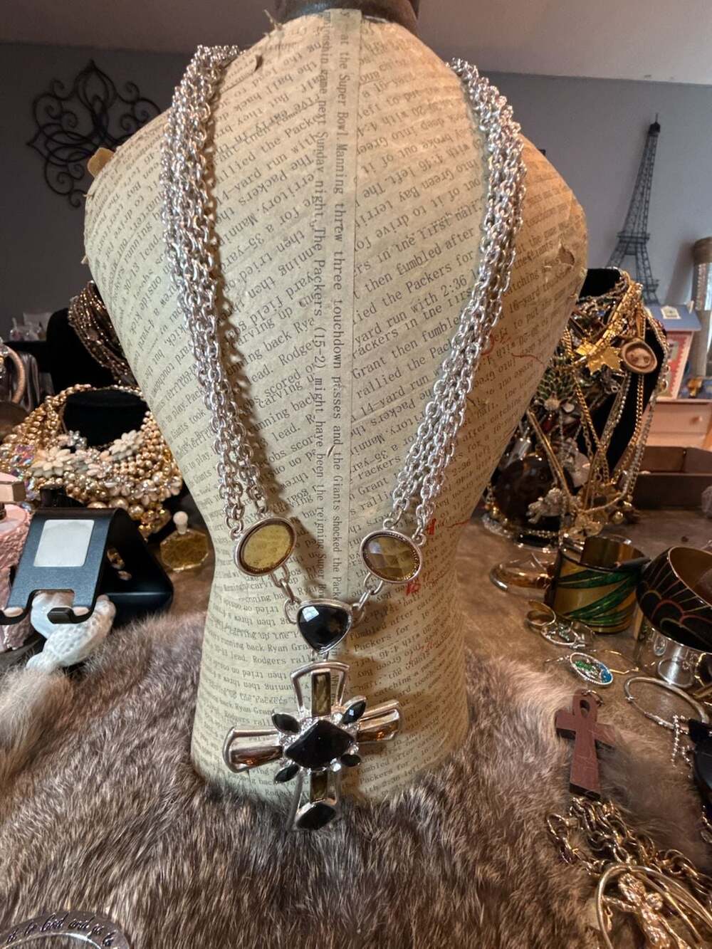 Chunky Silver Tone Multi Chain Black And Amber Crystal Cross Necklace